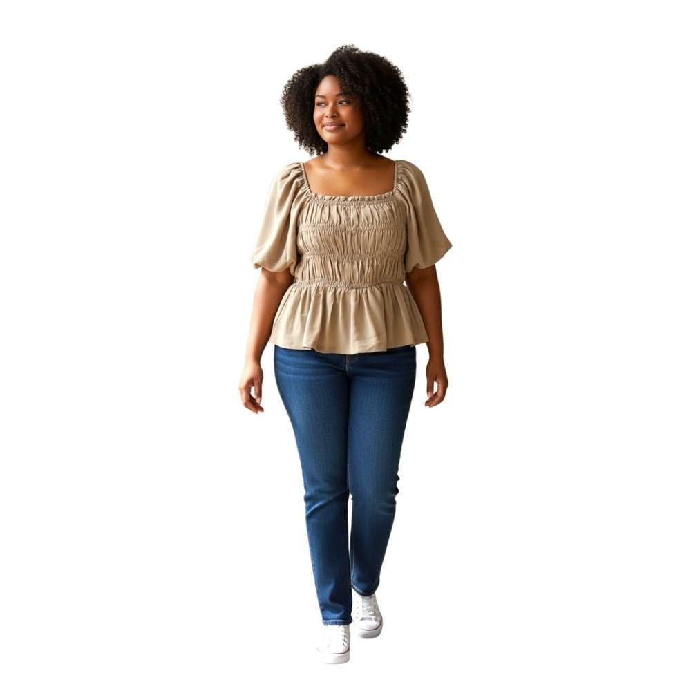 RO&DE Smocked Peplum‎ Top Square Neck Puff Sleeve Beige Size M